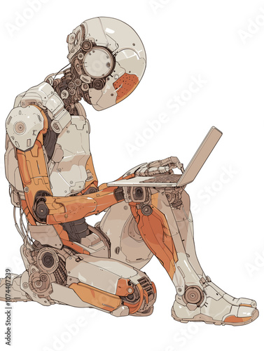 Illustration of a robot working with a laptop on a white background