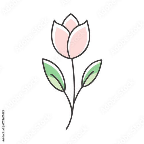 Pastel Pink Tulip Flower with Green Leaves Illustration

