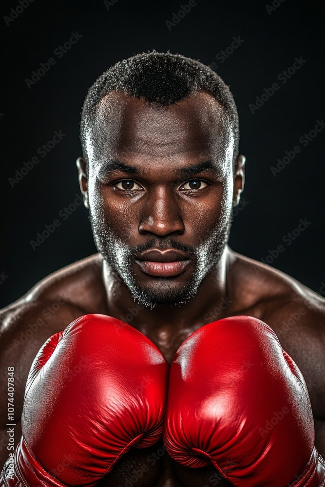 Portrait of a determined boxer in red gloves training intensively in a dark gym setting during evening hours. Generative AI
