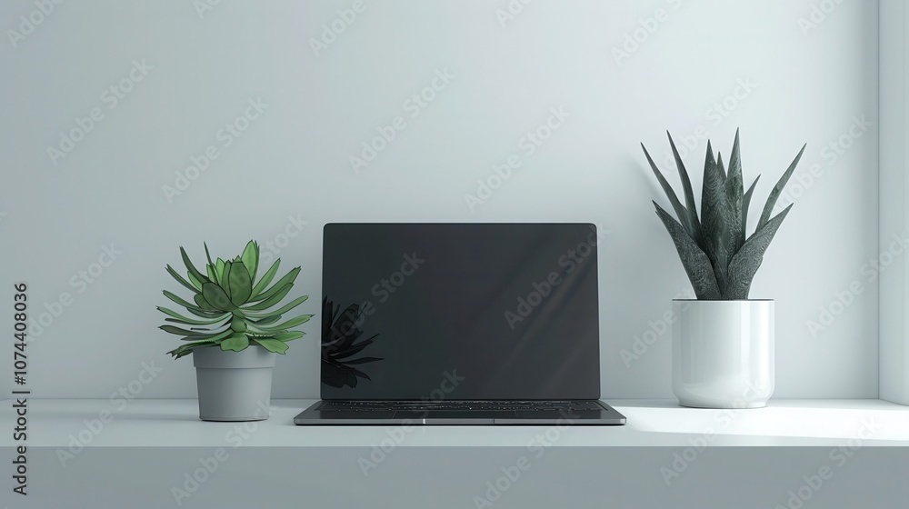 Fototapeta premium Modern black laptop display with green succulent plants in white ceramic pots on bright windowsill