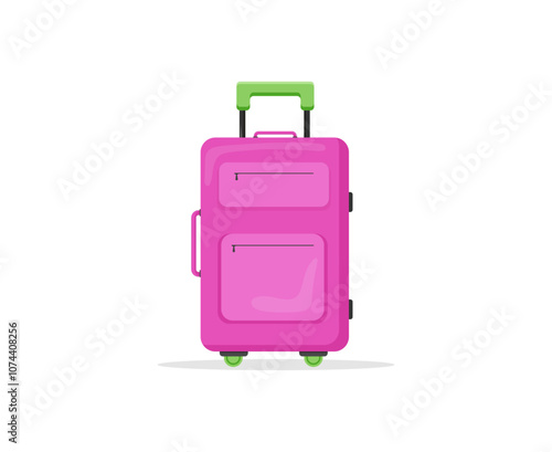 Pink suitcase baggage for travel. Luggage bag for vacation journey. Vector illustration