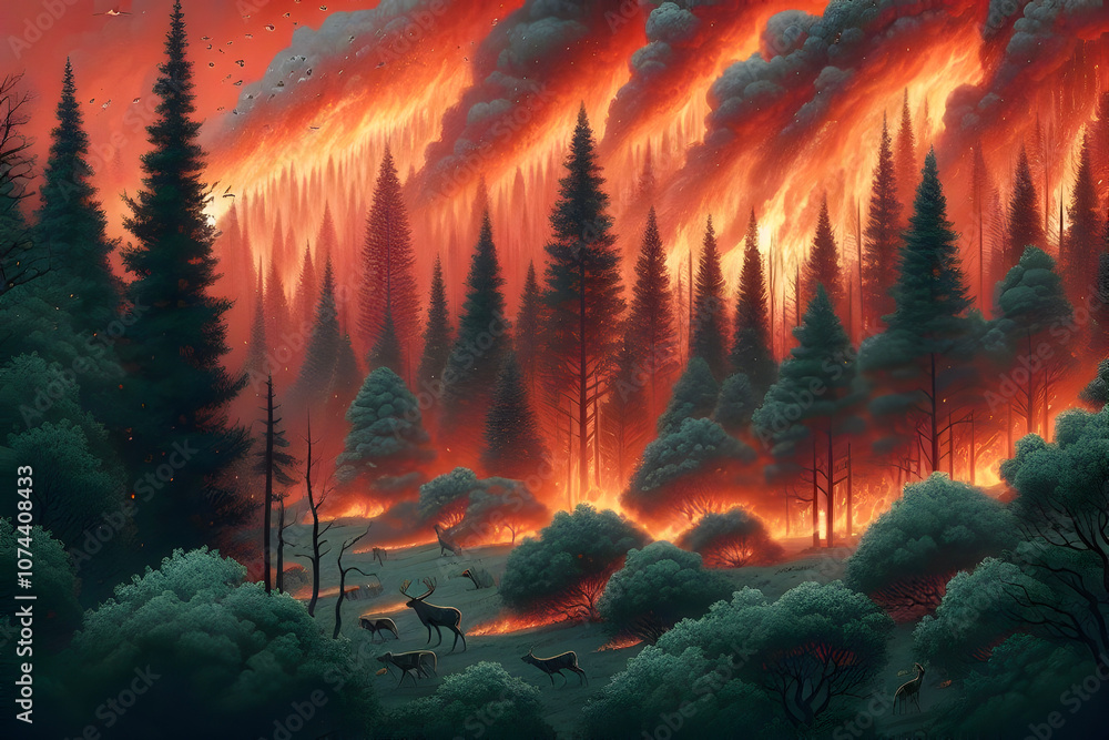 A dense forest engulfed in massive flames, with smoke billowing into the sky A dense forest engulfed in massive flames, with smoke billowing into the sky