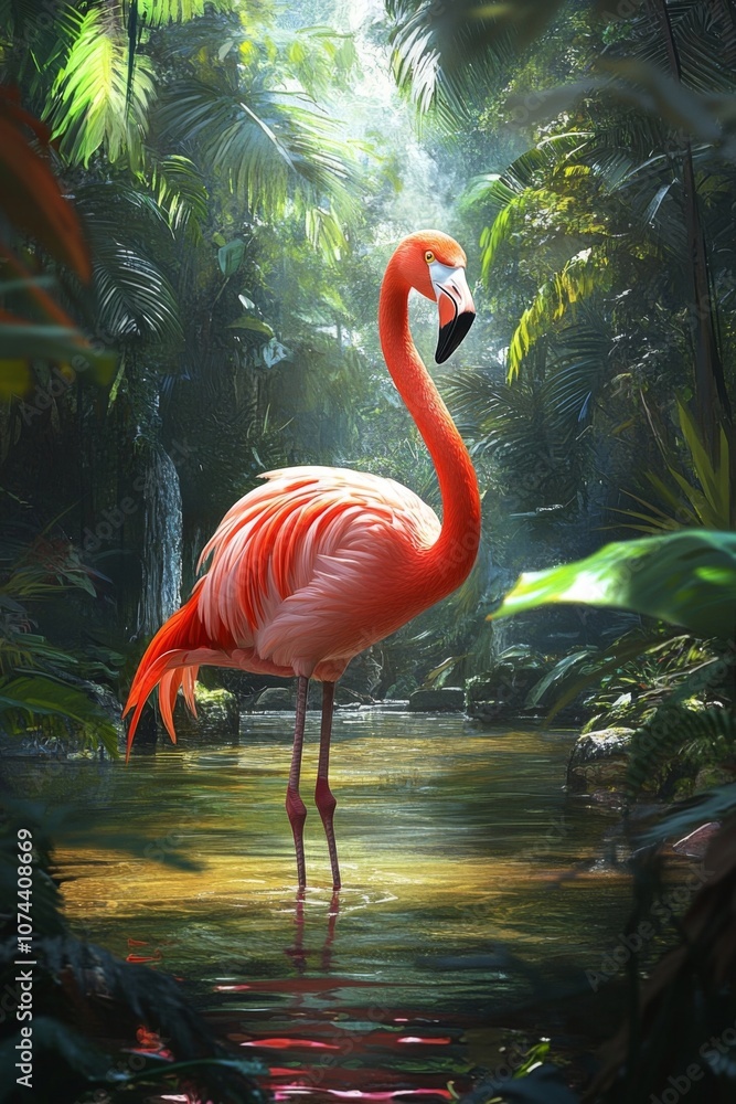 Fototapeta premium Colorful flamingo standing gracefully in a serene jungle pool surrounded by lush greenery during bright afternoon light. Generative AI