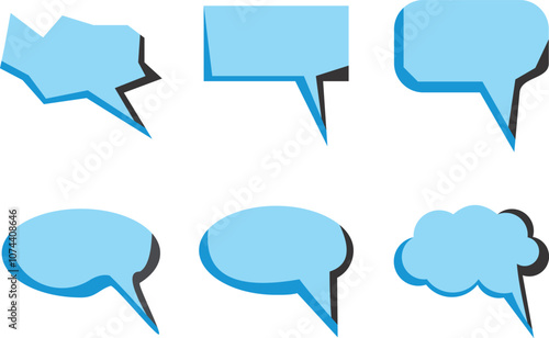 A set of six blue speech bubbles in various shapes, perfect for comics, presentations, or graphic design projects. Each bubble has a unique design, adding versatility to your creative work.