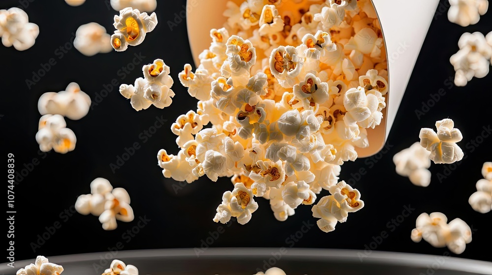 Popcorn spilling from a cup, black isolated background.