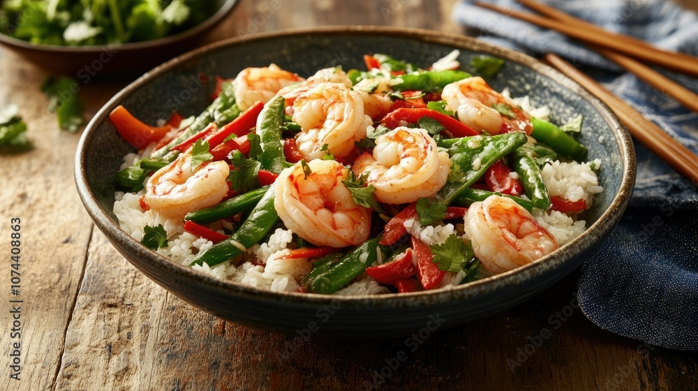 Close-up of Chinese stir-fry with vegetables, rice, and shrimp, arranged on a rustic wooden table with chopsticks. Close-up of Chinese stir-fry with vegetables, rice, and shrimp, arranged on a rustic wooden table with chopsticks.
