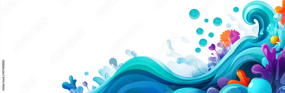 Fototapeta premium Vibrant abstract blue water vector background featuring dynamic waves, splashes, and colorful elements. This design evokes sense of movement and freshness, perfect for various creative projects