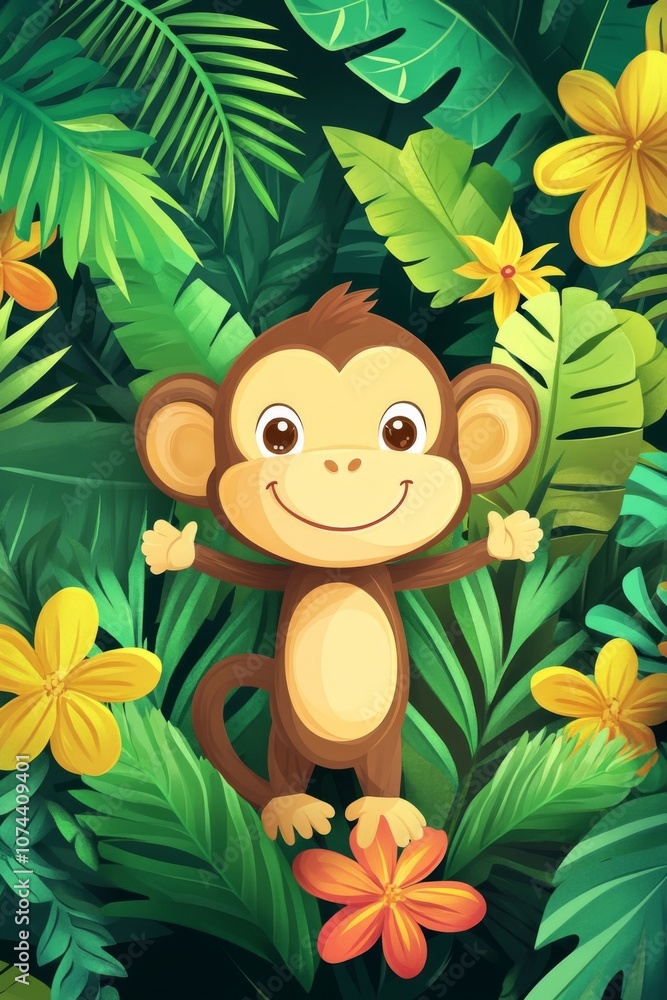 Naklejka premium A cheerful monkey stands among vibrant jungle foliage, showcasing a joyful moment in its natural habitat during daylight. Generative AI
