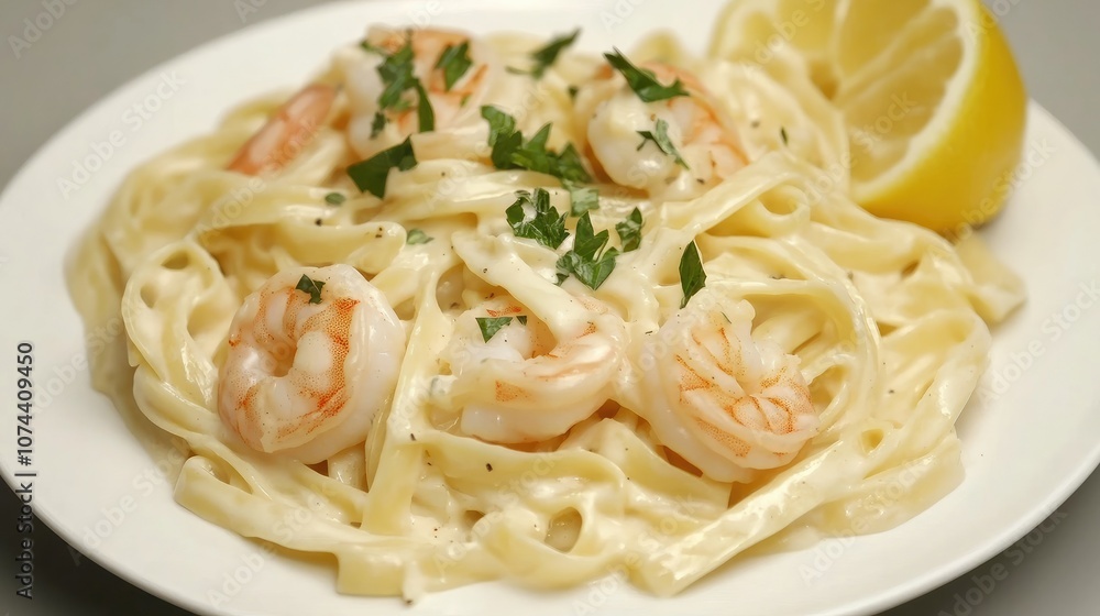 Elegant presentation of Fettuccine Alfredo with shrimp, creamy pasta garnished with herbs and lemon, on a minimalist white plate. Elegant presentation of Fettuccine Alfredo with shrimp, creamy pasta garnished with herbs and lemon, on a minimalist white plate.