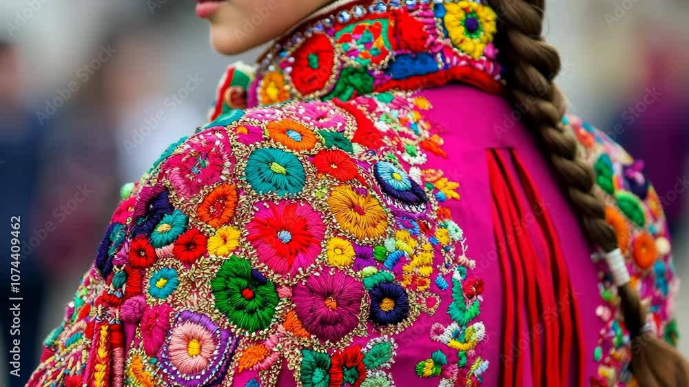 A woman wears a brightly embroidered jacket with colorful flowers at a festival A woman wears a brightly embroidered jacket with colorful flowers at a festival