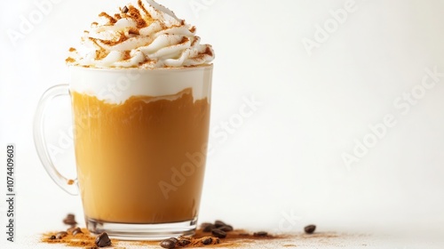 Layered cream topped coffee drink in clear glass with caramel drizzle and spices on white marble surface with scattered ingredients