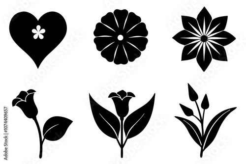 6 vector silhouette icon set of Black-eyed Susan, Calla Lily, Yarrow, Bleeding Heart, Oleander, Bellflower