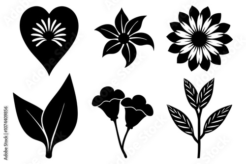 6 vector silhouette icon set of Black-eyed Susan, Calla Lily, Yarrow, Bleeding Heart, Oleander, Bellflower