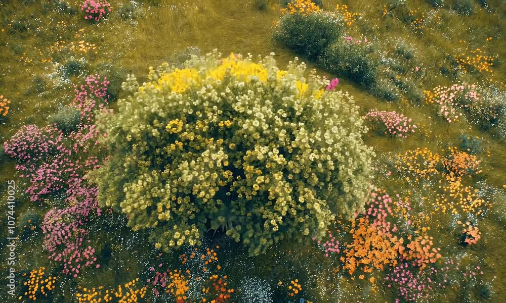 Aerial view of a large tree surrounded by colorful flowers in a vibrant meadow. Aerial view of a large tree surrounded by colorful flowers in a vibrant meadow.