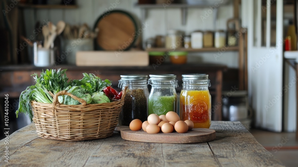 Fresh ingredients in a rustic kitchen Fresh ingredients in a rustic kitchen