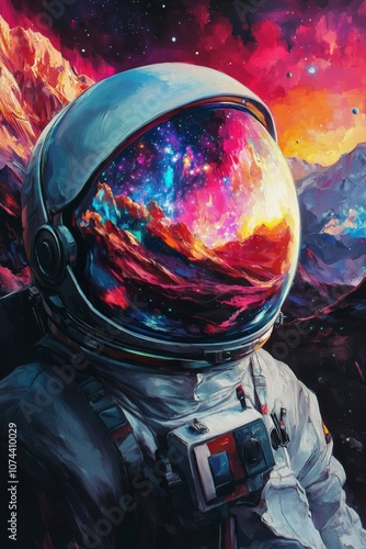 A vibrant digital painting of an astronaut in a helmet gazing at a stunning cosmic landscape during a peaceful moment in space. Generative AI
