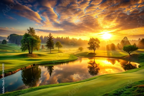Wallpaper Mural Serene Sunrise Over a Golf Course: Vibrant Green Grass Illuminated by Morning Light, Capturing the Tranquility of Nature in a Dreamlike Landscape Torontodigital.ca