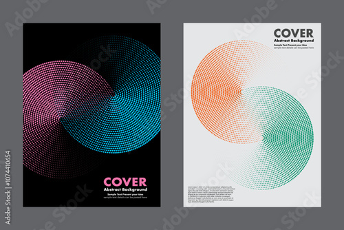 Modern vector geometric abstract background featuring an infinity symbol design and halftone dot pattern combining two colors together on dark and clean background. For cover, digital artwork.