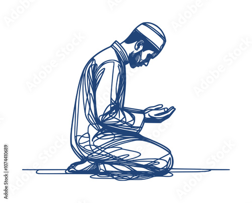 sketch illustration of a male moslem is praying - view from side (artwork 2)