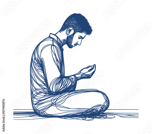 sketch illustration of a male moslem is praying - view from side (artwork 1)