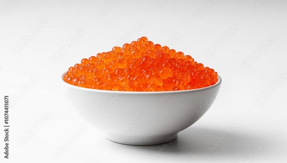 A white bowl filled with bright orange fish roe, known as caviar, against a white background. AI generated
A white bowl filled with bright orange fish roe, known as caviar, against a white background. AI generated