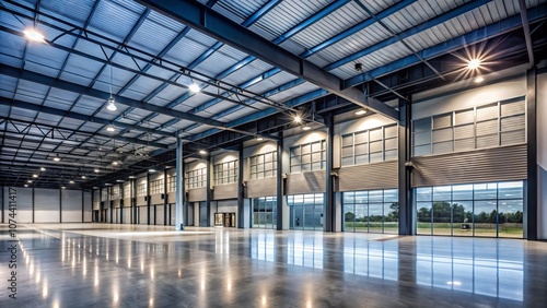 Spacious Modern Industrial Warehouse with Large Windows, Polished Concrete Floors, and High Ceilings Perfect for Storage, Manufacturing, or Event Hosting