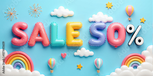 Colorful balloons forming the words Sale 50 percent