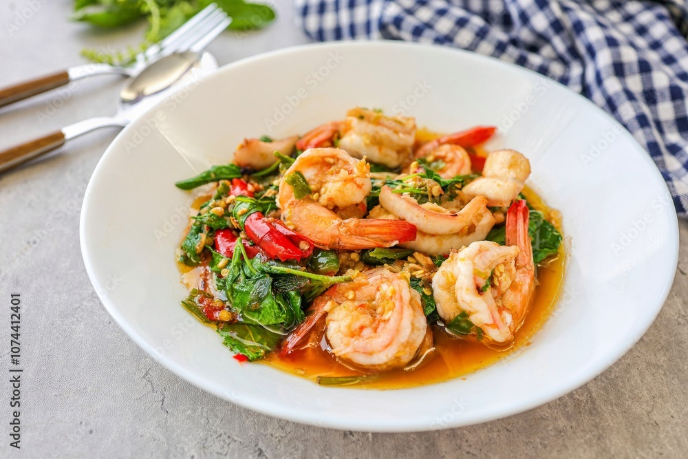 Homemade stir fried Thai basil with shrimp ,pad ka praow kung, Homemade stir fried Thai basil with shrimp ,pad ka praow kung,