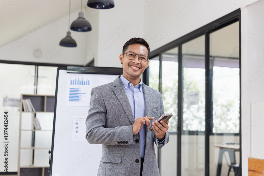 Happy asian businessman standing in office, Excited male person, Employee in achievement, Happy asian businessman standing in office, Excited male person, Employee in achievement,
