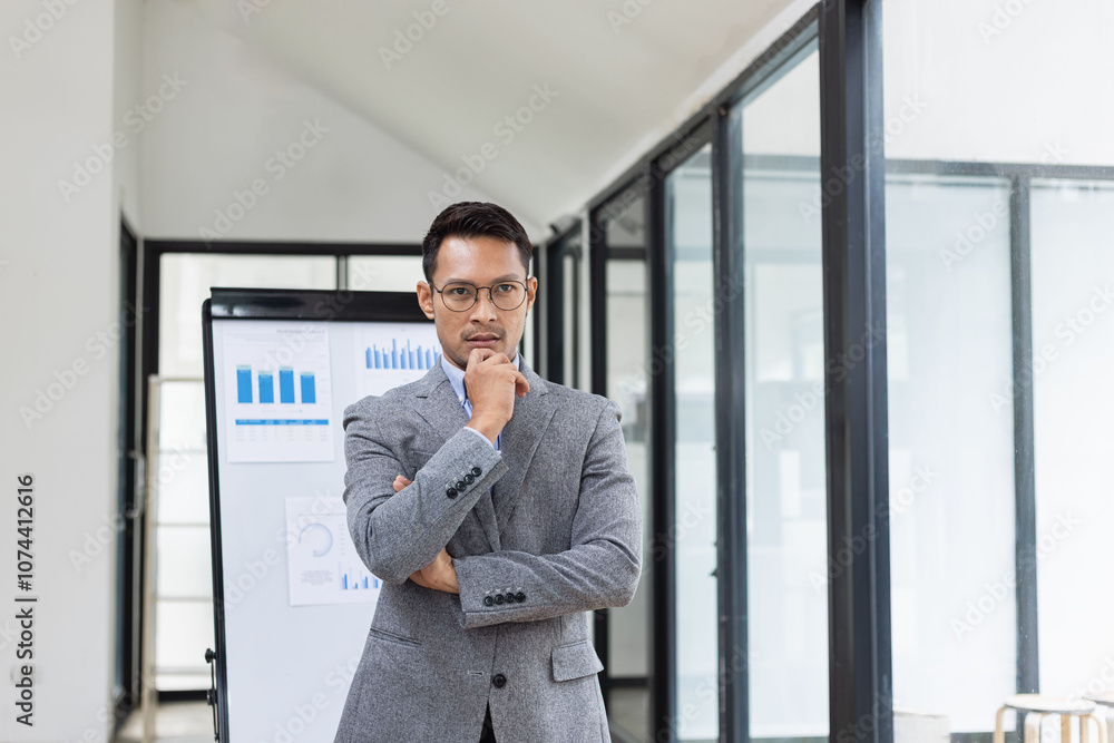 Happy asian businessman standing in office, Excited male person, Employee in achievement, Happy asian businessman standing in office, Excited male person, Employee in achievement,