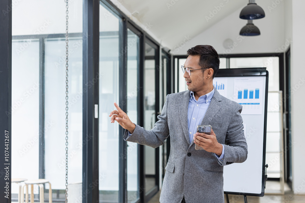 Happy asian businessman standing in office, Excited male person, Employee in achievement, Happy asian businessman standing in office, Excited male person, Employee in achievement,