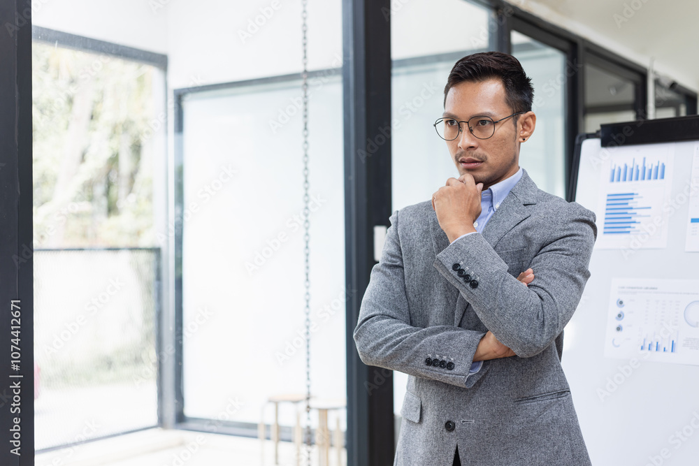 Happy asian businessman standing in office, Excited male person, Employee in achievement, Happy asian businessman standing in office, Excited male person, Employee in achievement,