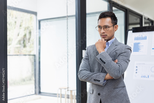 Happy asian businessman standing in office, Excited male person, Employee in achievement, 