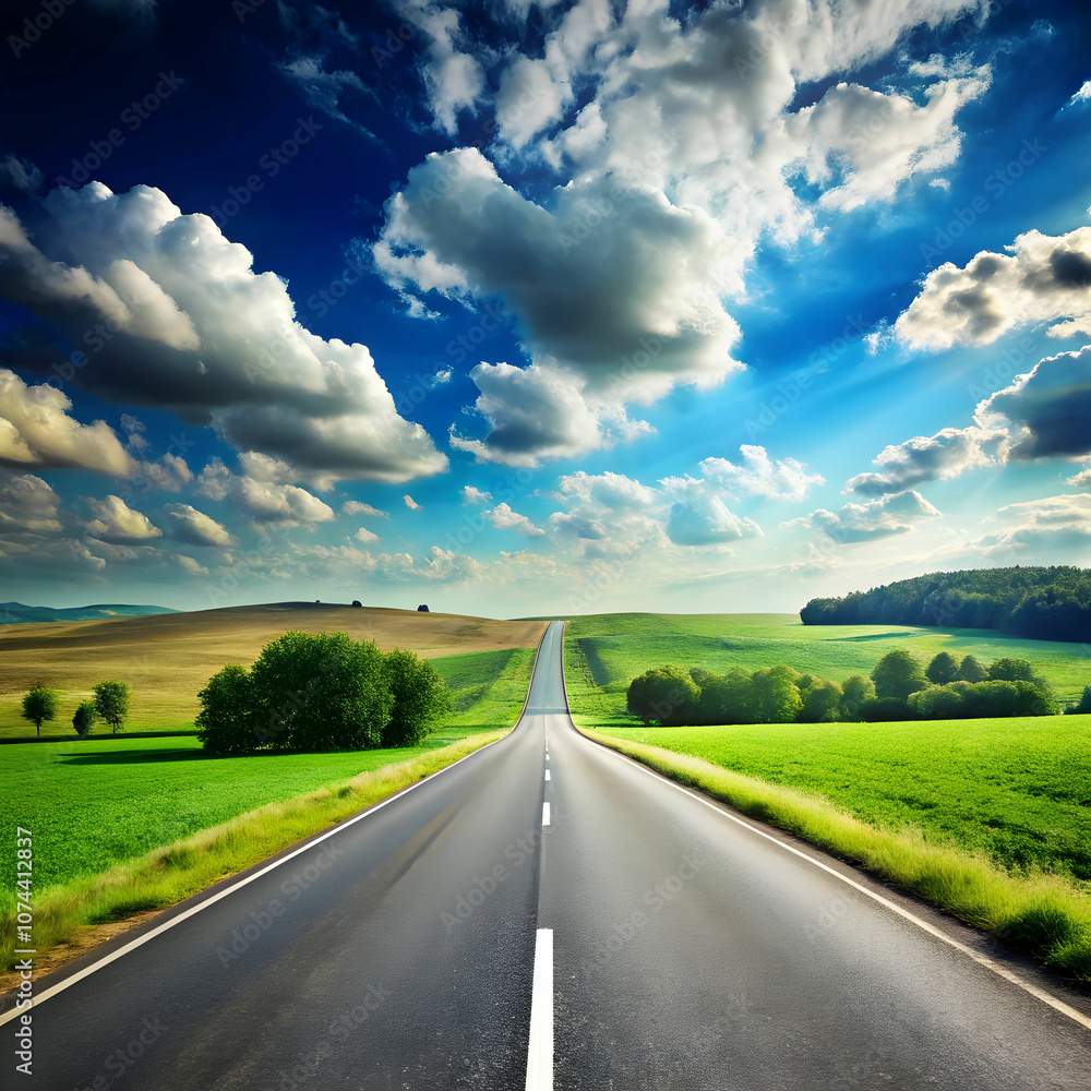 view of empty road amidst green landscape against view of empty road amidst green landscape against