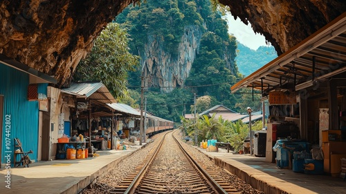 Sunlight over Krasae Cave railway, local shops photo