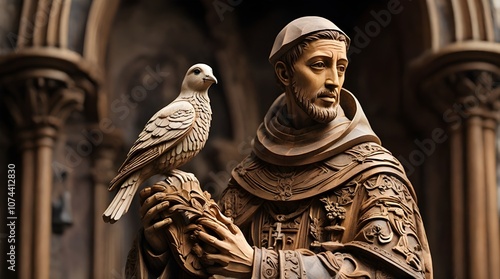 A detailed shot of an intricately carved wooden statue of Saint Francis.generative.ai