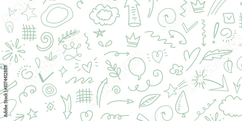 Hand drawn colored set of simple decorative elements. Various icons such as stars, speech bubbles, arrows, lines isolated on white background.