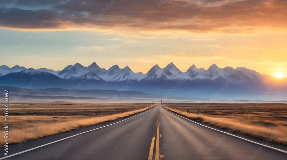 Naklejka premium A scenic view of a long empty road stretching between majestic mountains.generative.ai