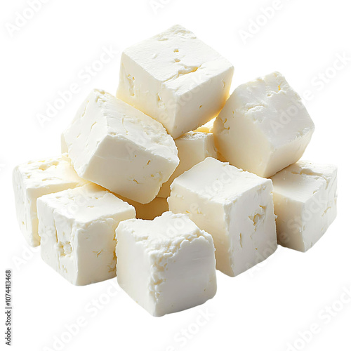 Several cubes of feta cheese, slightly crumbly with visible moisture, isolated on a transparent background