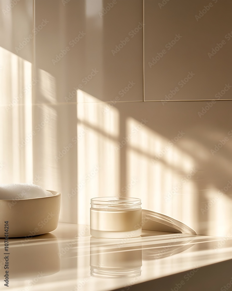 Elegant glass jar of luxury face cream on a pristine bathroom countertop, with natural light streaming through a window, casting soft shadows, isolated on a light beige background with space Elegant glass jar of luxury face cream on a pristine bathroom countertop, with natural light streaming through a window, casting soft shadows, isolated on a light beige background with space
