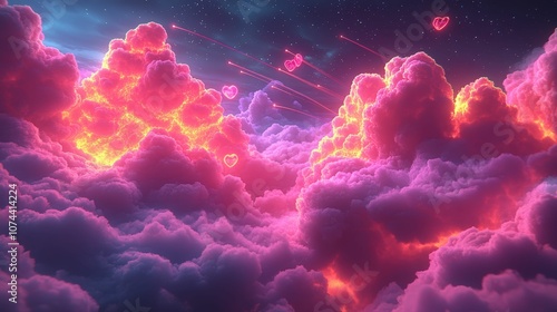 Dreamy Fantasy Landscape Featuring Luminous Clouds and Floating Hearts in a Whimsical Night Sky with a Colorful Glow and Starry Background