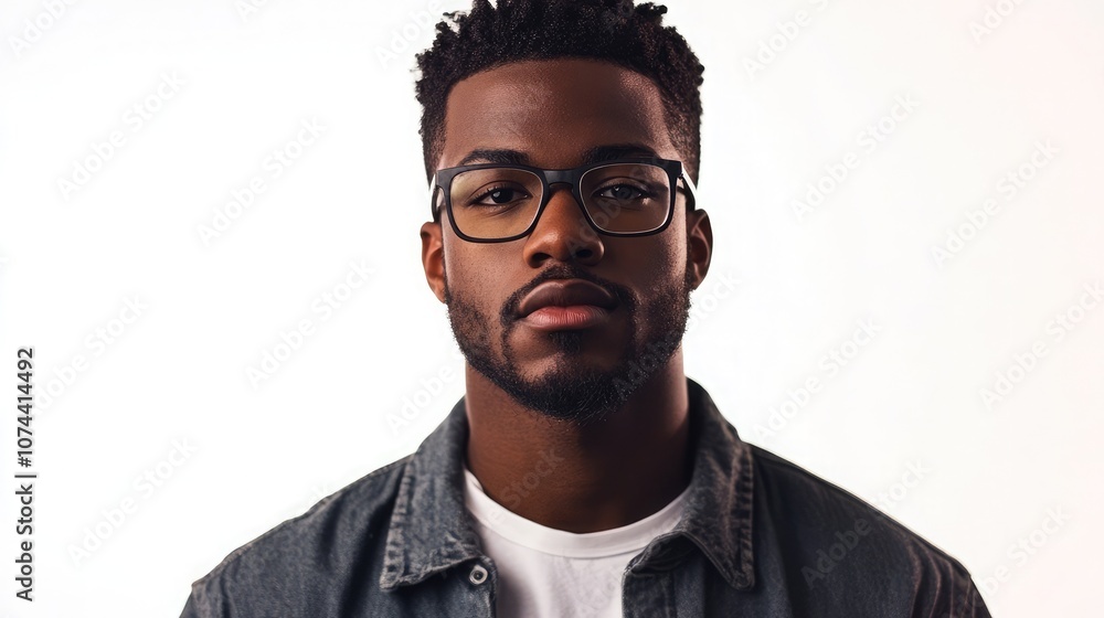 Fototapeta premium A young Black man with a beard wearing glasses and a denim jacket looks directly at the camera.