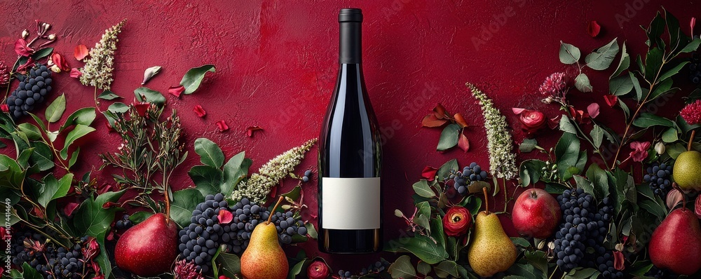 Fototapeta premium Elegant wine bottle amidst vibrant fruits and flowers on red backdrop