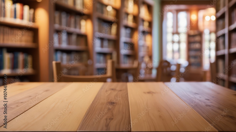 wooden table surface in focus with a blurred background of a cozy library. wooden table surface in focus with a blurred background of a cozy library.