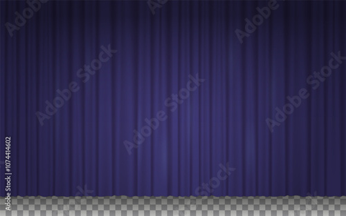 Purple velvet curtains for theater stage or cinema. Closed luxury curtains lighted by spotlight.Violet cloth drapes in movie theater, comedy show or opera, vector illustration