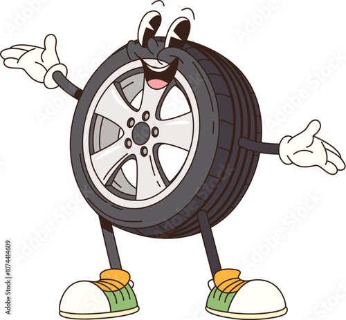 Cartoon retro groovy car tire character. Automobile rubber tire with metal rim childish isolated vector personage or vehicle wheel comical groovy mascot. Auto spare part cheerful cartoon character