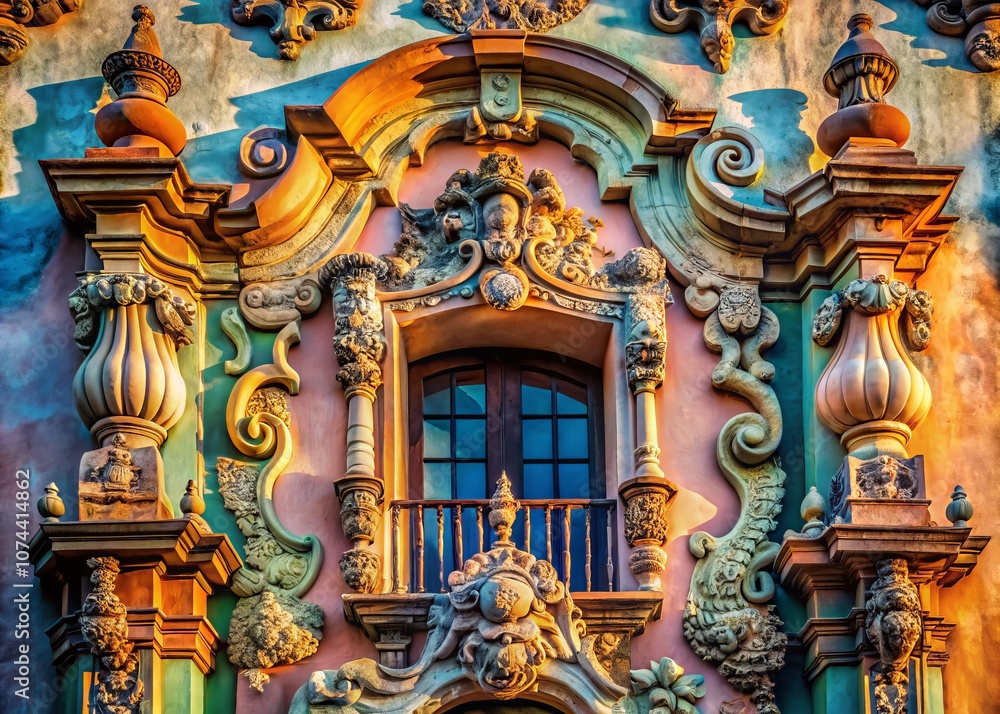 Obraz premium Surreal Stucco Facade: Exploring the Intricate Beauty of an Old Building's Decoration with Dreamlike Elements and Unique Textures in a Captivating Urban Landscape