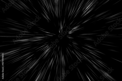 Bokeh white lines on black background. abstraction. abstract speed light motion blur texture. star particle or space traveling. black and white extrusion effect photo