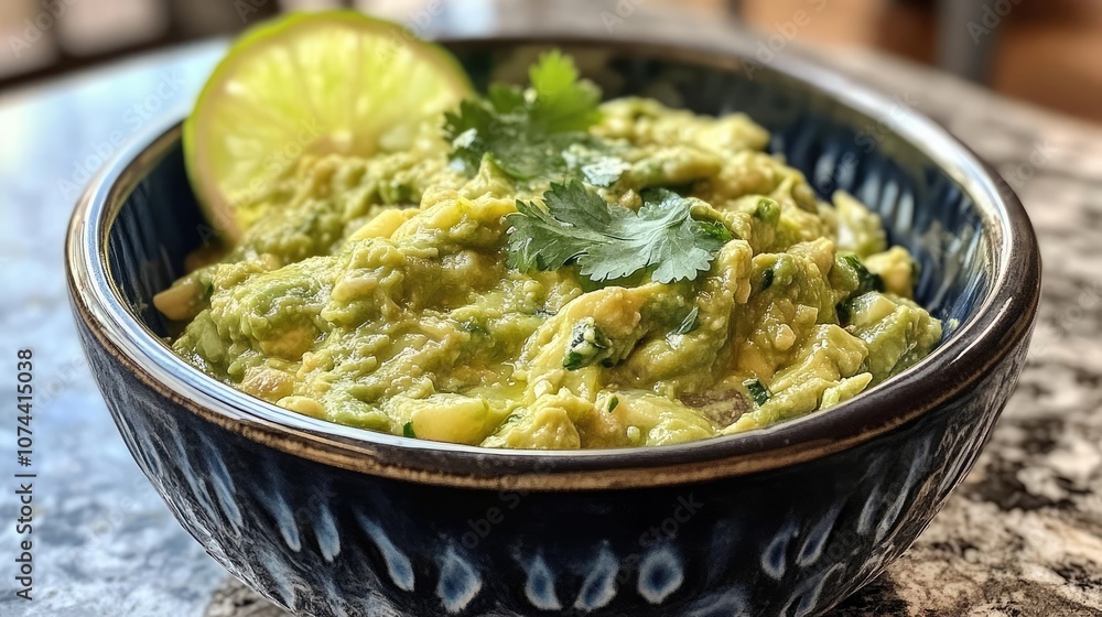 A close-up of a bowl of guacamole, garnished with cilantro and a lime wedge. The creamy avocado dip is a perfect appetizer or snack. A close-up of a bowl of guacamole, garnished with cilantro and a lime wedge. The creamy avocado dip is a perfect appetizer or snack.