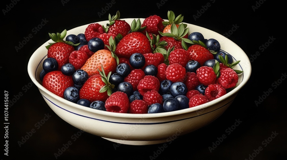 A bowl overflowing with a colorful mix of fresh strawberries, blueberries, and raspberries. A bowl overflowing with a colorful mix of fresh strawberries, blueberries, and raspberries.